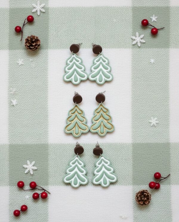 Christmas Tree Earrings, Sage Green Polymer Clay Dangles, Handmade Jewelry, Gifts For Her - Image 2