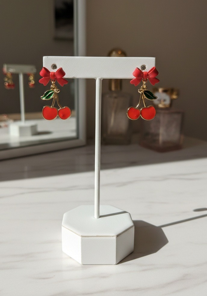 Cherry Dangle Earrings with Bow