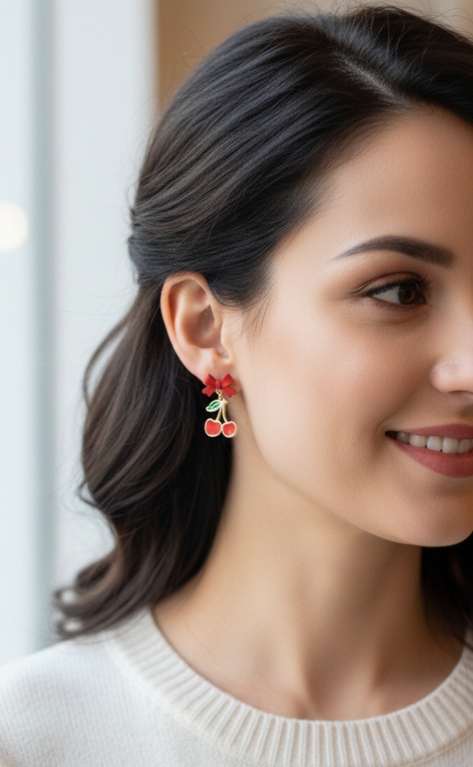 Cherry Dangle Earrings with Bow - Image 4