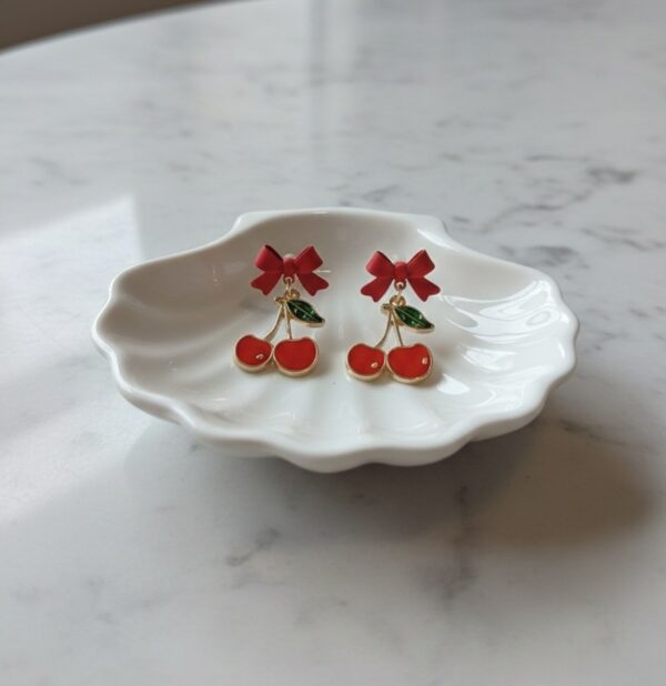 Cherry Dangle Earrings with Bow - Image 3