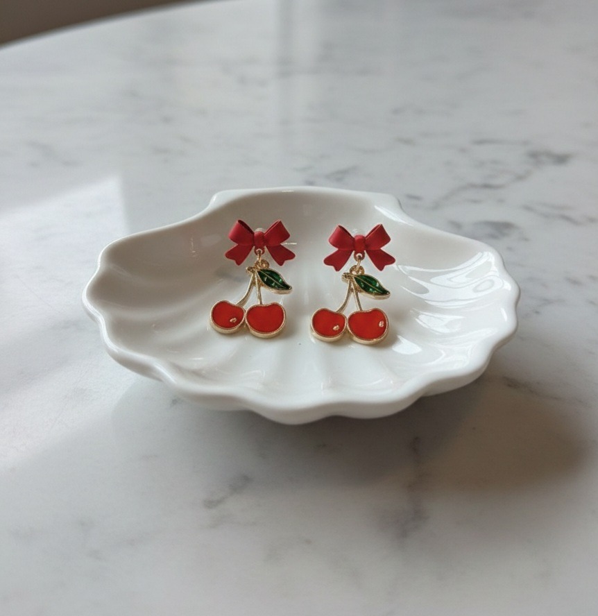 Cherry Dangle Earrings with Bow - Image 3