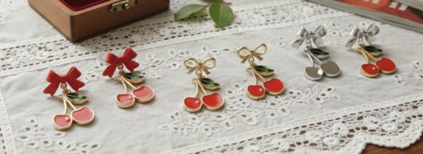 Cherry Dangle Earrings with Bow - Image 2