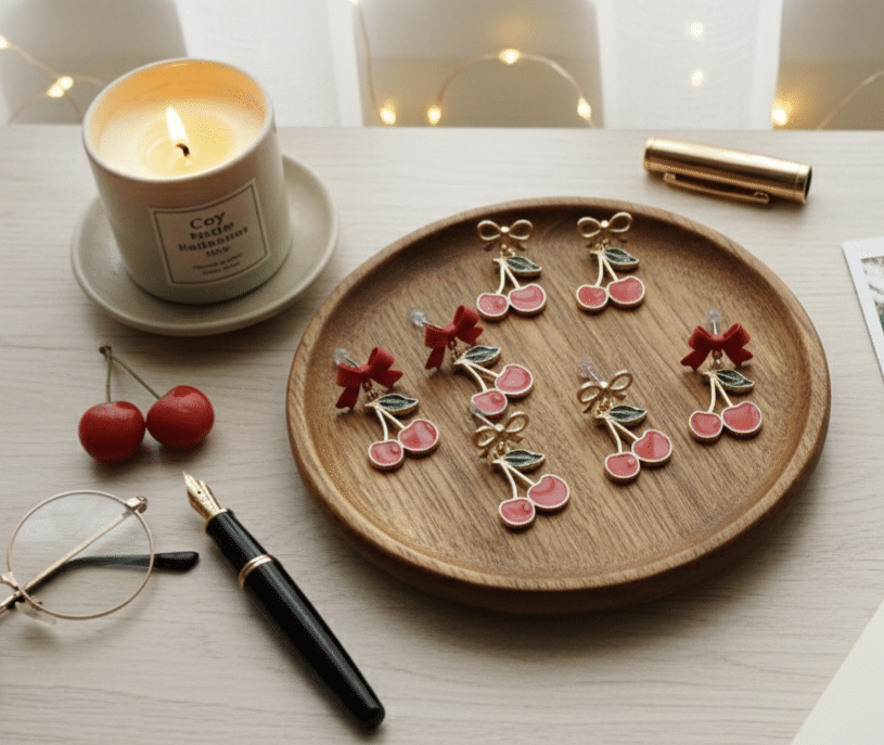 Cherry Dangle Earrings with Bow - Image 5