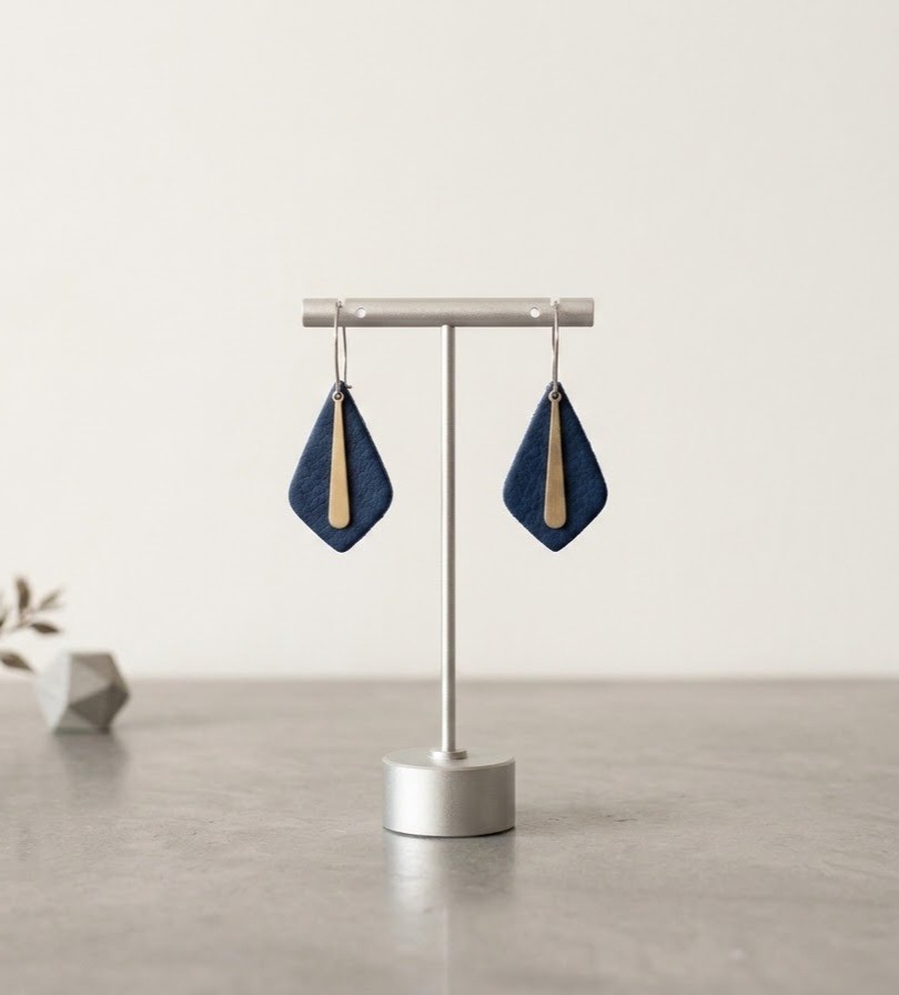 Navy Blue Polymer Clay Teardrop Earrings, Minimalist Geometric Drop, Silver Accents - Image 2