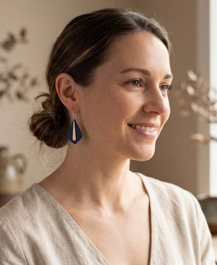 Navy Blue Polymer Clay Teardrop Earrings, Minimalist Geometric Drop, Silver Accents - Image 3