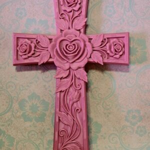 3D Printed Pink Rose Wall Cross | Pastel Goth & Romantic Cottagecore Decor | Sculpted Heart Floral Cross Wall Hanging, Faith Gift