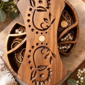 Handcrafted Walnut Jewelry Box – Layered Wooden Jewelry Organizer with Carved Floral Design