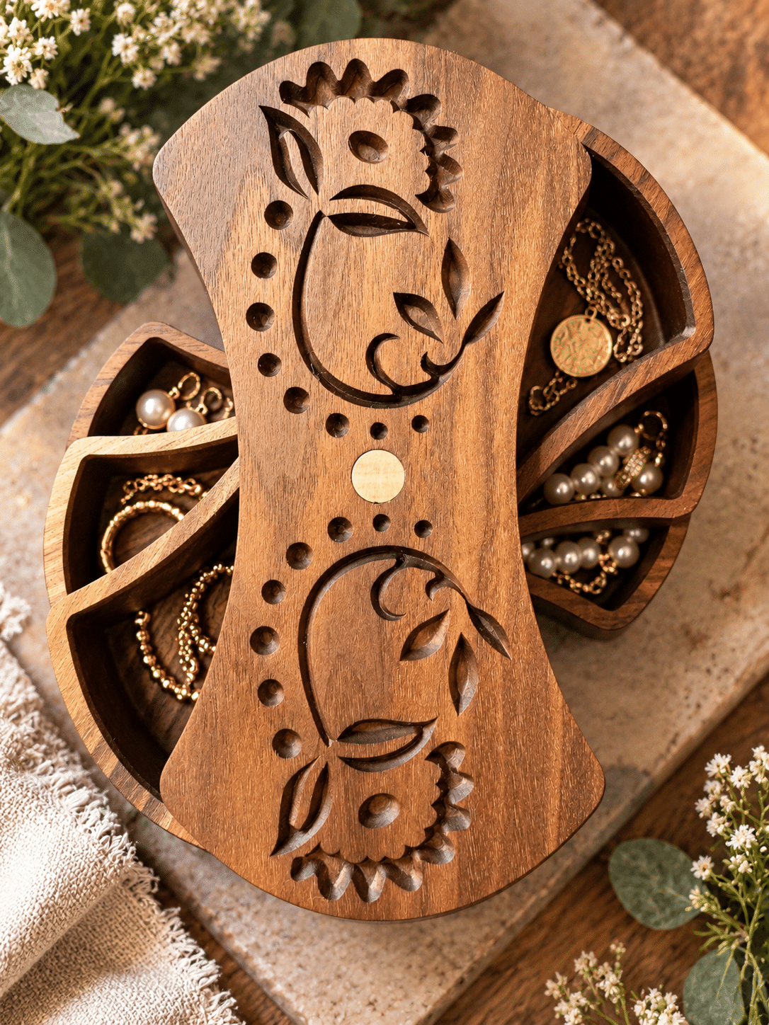 Handcrafted Walnut Jewelry Box – Layered Wooden Jewelry Organizer with Carved Floral Design