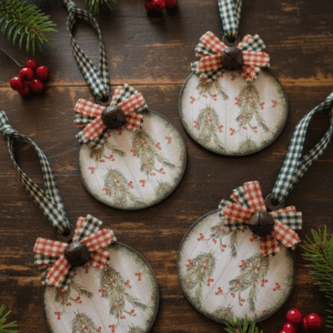 Rustic Christmas Wood Ornaments (Set Of Four) Pine & Berries
