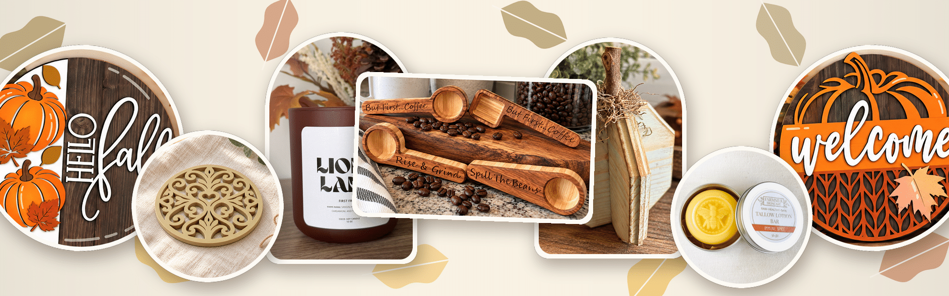 Fall finds from Godly Goods sellers: Hello Fall and Welcome pumpkin signs, a fall candle, engraved coffee scoops, a wooden pumpkin, a coaster, and a tallow lotion bar