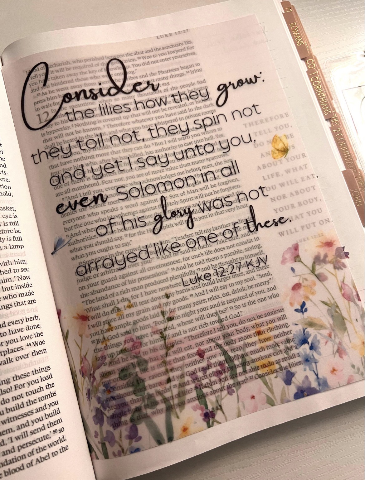 Luke 12:27 Bible Tip-In | Consider the Lilies | Floral Vellum Scripture Insert | 5x7, 6x8