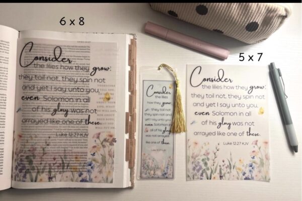 Luke 12:27 Bible Tip-In | Consider the Lilies | Floral Vellum Scripture Insert | 5x7, 6x8 - Image 2