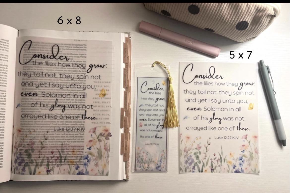 Luke 12:27 Bible Tip-In | Consider the Lilies | Floral Vellum Scripture Insert | 5x7, 6x8 - Image 2
