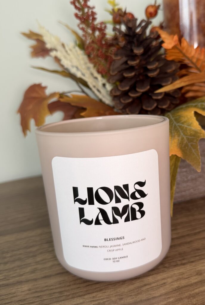 12 oz Blessings coco-soy candle with a wooden wick in a blush jar