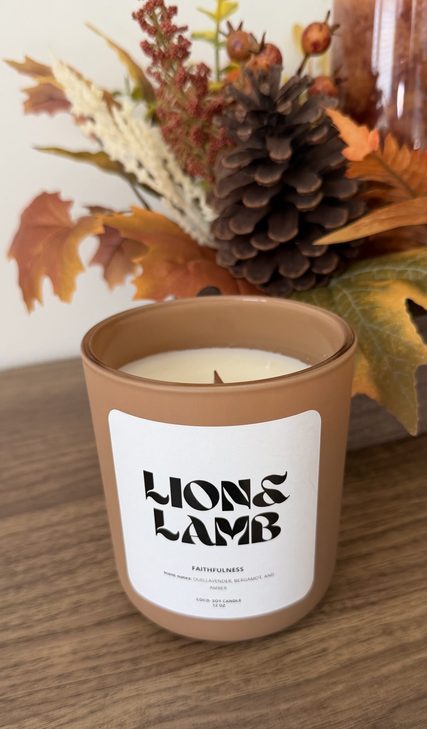 12 oz Faithfulness coco-soy candle with a wooden wick in a mocha latte jar