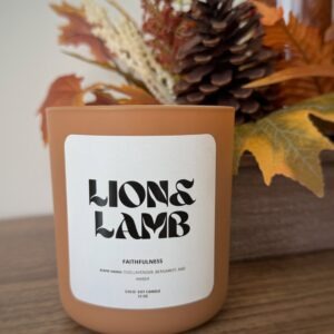 12 oz Faithfulness coco-soy candle with a wooden wick in a mocha latte jar