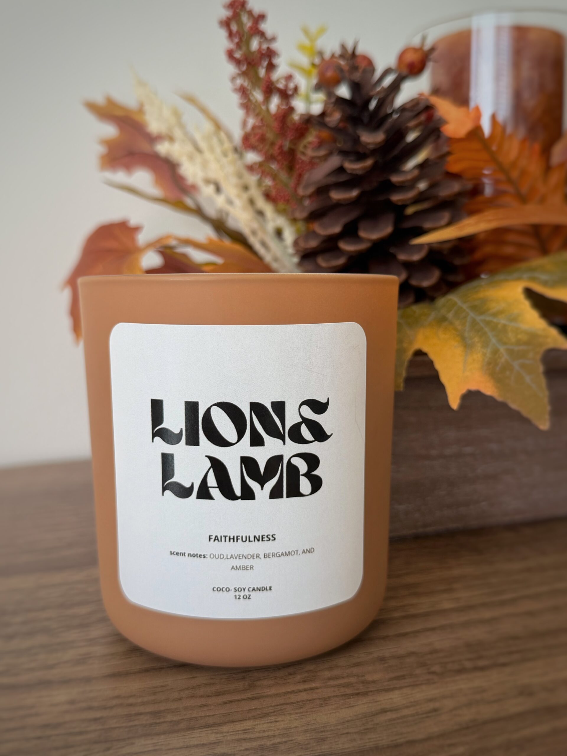 12 oz Faithfulness coco-soy candle with a wooden wick in a mocha latte jar