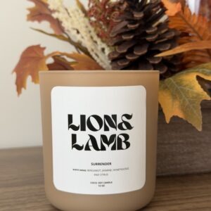 12 oz Surrender coco-soy candle with a wooden wick in a khaki jar