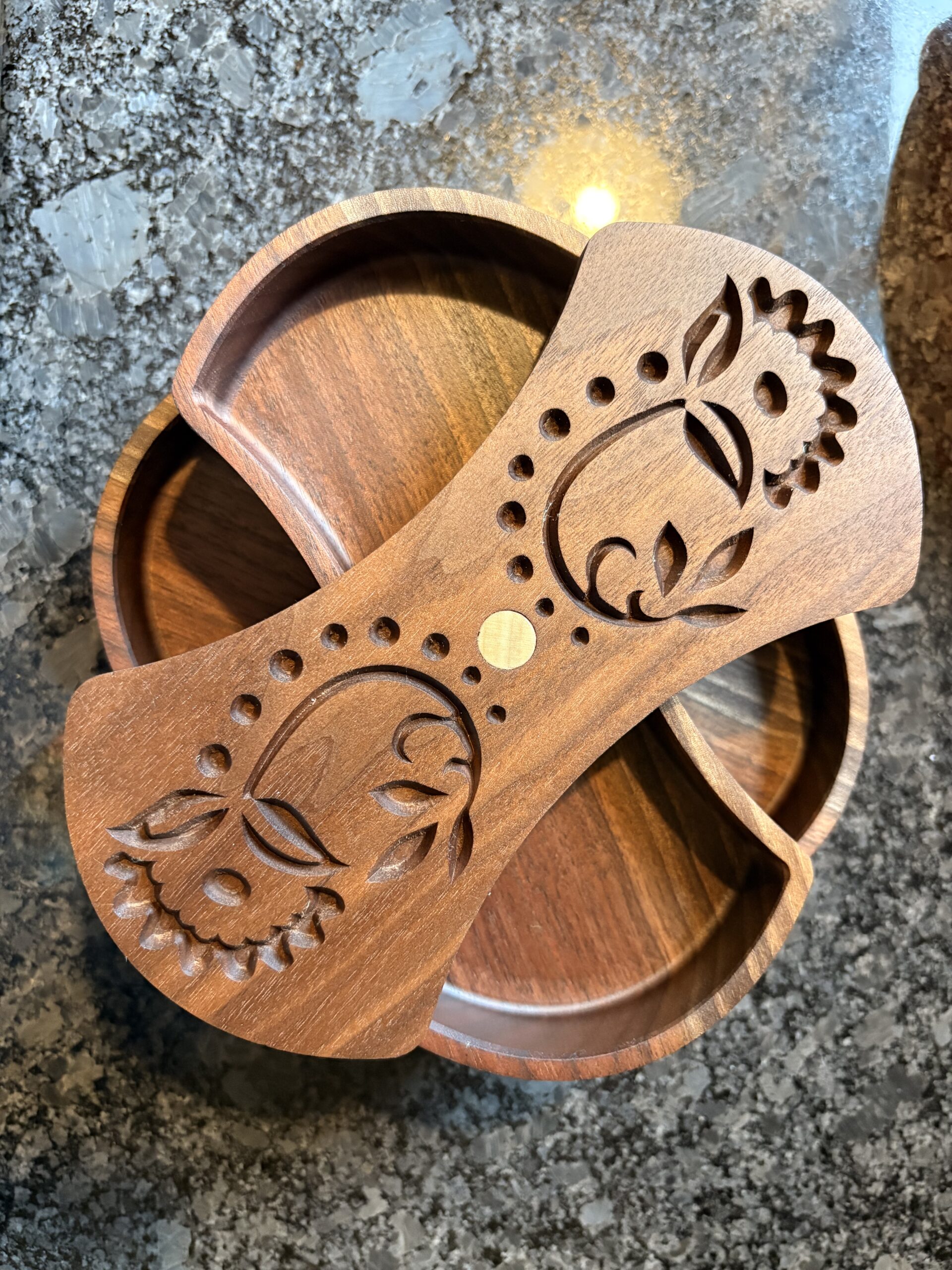 Handcrafted Walnut Jewelry Box – Layered Wooden Jewelry Organizer with Carved Floral Design - Image 4
