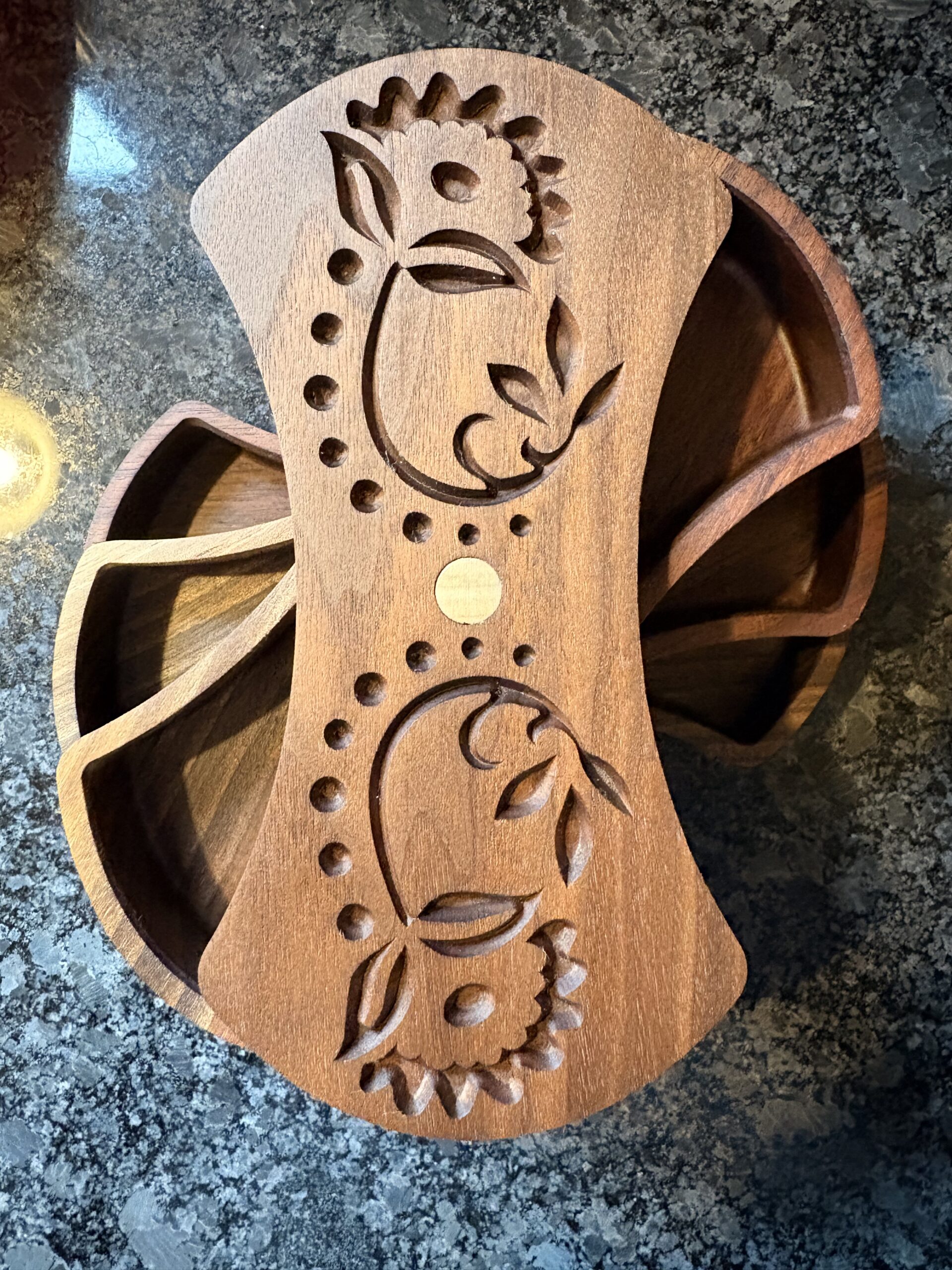 Handcrafted Walnut Jewelry Box – Layered Wooden Jewelry Organizer with Carved Floral Design - Image 5