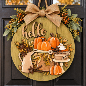 Rustic Wooden Autumn Wreath Sign hanging on a front door