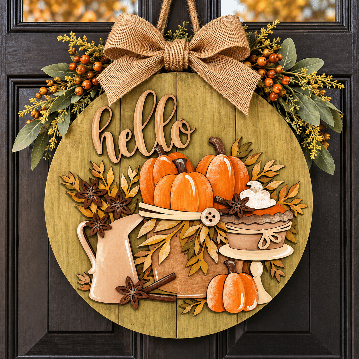 Rustic Wooden Autumn Wreath Sign hanging on a front door