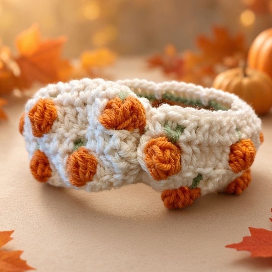 Cream crocheted headband with orange pumpkins for toddler girls