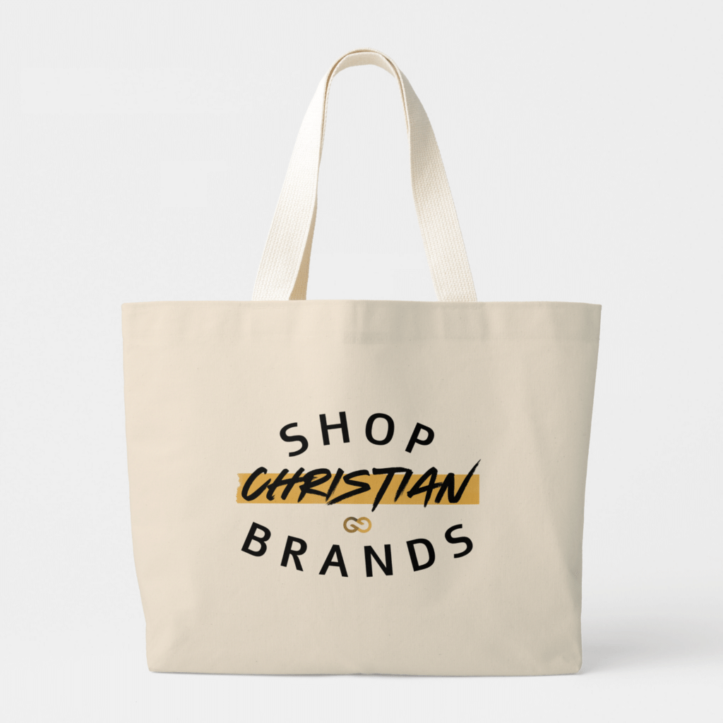 Cream tote with the phrase "Shop Christian Brands"