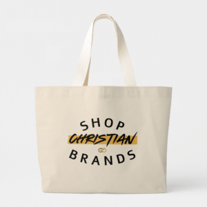 Cream tote with the phrase "Shop Christian Brands"