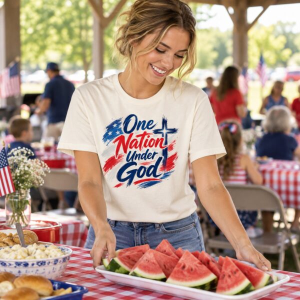 One Nation Under God Christian T-Shirt | Psalm 33:12 Patriotic Faith Tee | 4th of July Shirt for Women & Men - Image 2