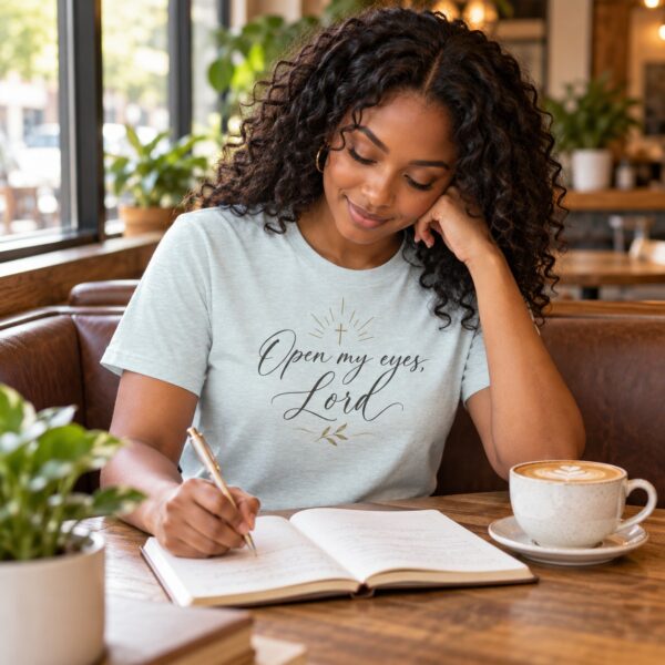 Open My Eyes, Lord Christian T-Shirt | Psalm 119:18 Prayer Tee | Bible Study Shirt for Women - Image 3