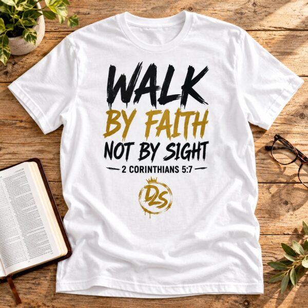 Walk By Faith Christian T-Shirt | 2 Corinthians 5:7 Faith Tee | Christian Men's & Women's Shirt