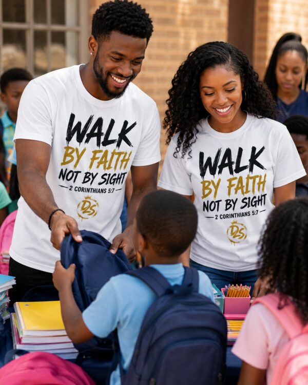 Walk By Faith Christian T-Shirt | 2 Corinthians 5:7 Faith Tee | Christian Men's & Women's Shirt - Image 2