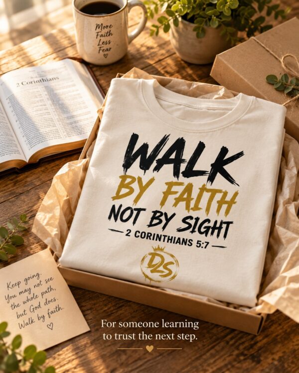 Walk By Faith Christian T-Shirt | 2 Corinthians 5:7 Faith Tee | Christian Men's & Women's Shirt - Image 8