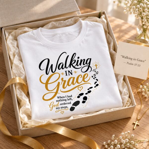 Walking in Grace Christian T-Shirt | Psalm 37:23 God Ordered My Steps Tee | Faith Shirt for Women - Image 10
