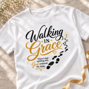 Walking in Grace Christian T-Shirt | Psalm 37:23 God Ordered My Steps Tee | Faith Shirt for Women