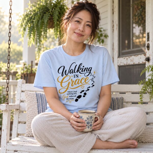 Walking in Grace Christian T-Shirt | Psalm 37:23 God Ordered My Steps Tee | Faith Shirt for Women - Image 4